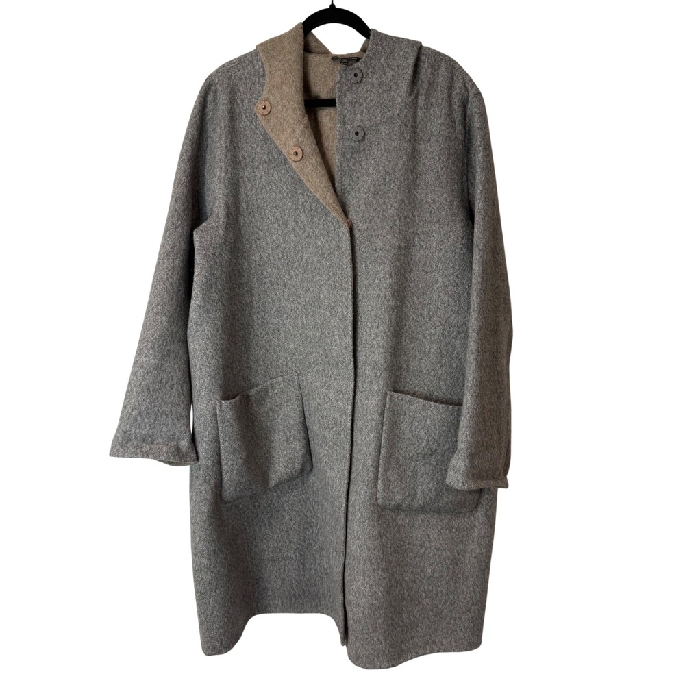 Eileen Fisher Womens Hooded Coat Jacket Longline XL Grey Baby Alpaca Wool Silk